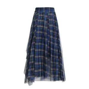 Elegant blue plaid mesh high-waist puffy skirt with layered tulle detail
