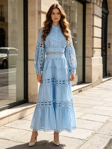 Conjunto de Dos Piezas de Encaje Estilo Palacio Vintage Francés para Mujer Top Y Bottom Manga de Princesa Falda de Capas