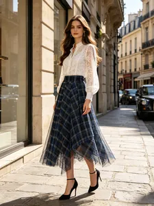 Women High Waist Mesh Plaid Skirt Asymmetrical Hem Layered Tulle A-Line Midi Skirt Western Style Sexy Party Bottom Blue