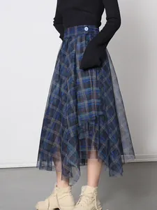 Elegant blue plaid high-waisted tulle mesh skirt with irregular layered design