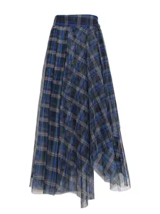 Elegant blue plaid mesh high-waist tulle skirt featuring a stylish asymmetrical hemline