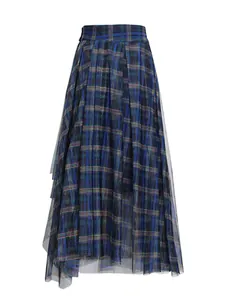 Elegant high-waist blue plaid mesh midi skirt with layered tulle for a chic summer look