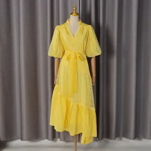 Front view of French style yellow lace dress with V-neck and elegant puff sleeves