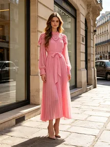 Elegant Chiffon Maxi Dress For Women Lace Patchwork Stand Collar Long Lantern Sleeve Pleated High Waist Gown Party Dress