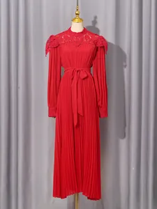 Elegant red pleated chiffon maxi dress with stand collar and intricate lace detailing