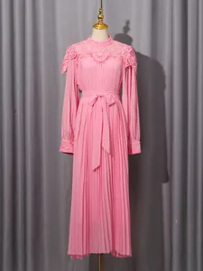 Elegant pink chiffon long-sleeve maxi dress featuring lace collar and adjustable waist tie