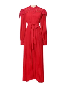 Elegant red pleated chiffon maxi dress featuring a lace collar, long sleeves, and a waist tie