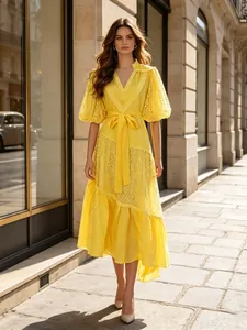 French Vintage Vacation Style Lace Patchwork Maxi Dress For Women V-Neck Puff Sleeve Ruffle Tie-Waist Long Dress Polyester Cotton
