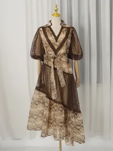 Elegant French style v-neck snake print lace dress with puff sleeves and waist tie bow belt
