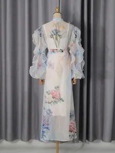 Elegantes Vintage-Maxikleid mit Blumenprint, langen Ärmeln und Taillenband für Sommer