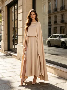 Abito Lungo in Raso Champagne da Donna Canotta Gonna Scialle Set Elegante Spacco Lunghezza al Pavimento Formale Cena Matrimonio