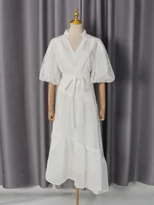 Elegant French style white lace midi dress with V-neck, puff sleeves and waist tie