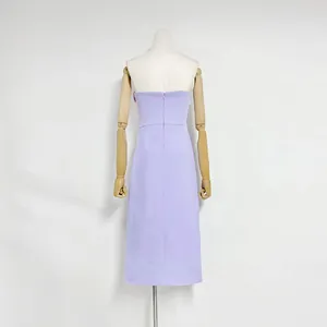 Elegant lavender strapless midi dress back view featuring an invisible zipper closure