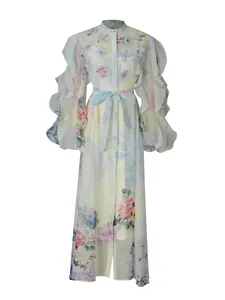 Elegantes Vintage-Maxikleid mit Blumendruck, langen Ärmeln und Taillenband für Damen