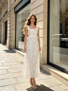 Abito Lungo in Pizzo Vintage Francese da Donna Ricamato Traforato con Volant Abito a Spalline Elegante Stile Dolce Tinta Unita