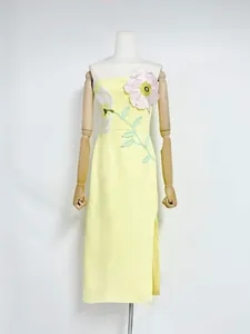 Retro yellow strapless midi dress with 3D floral embroidery and side slit detail