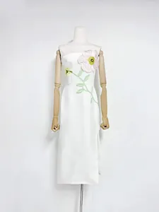 Vintage white tube top midi dress featuring 3D floral embroidery and side slit detail