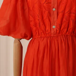 Détail d'une robe vintage rouge avec broderie de feuilles et boutons bijoux étincelants