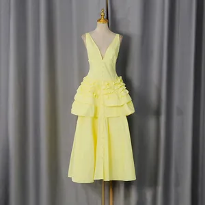 Elegant French vintage pale yellow sleeveless V-neck tiered ruffle midi dress view
