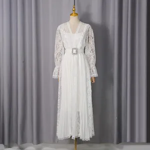 Elegant white lace long sleeve maxi dress with pleated skirt and jeweled belt