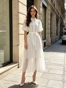 Robe Chemise Brodée Rétro Française pour Femme Été Manches Bouffantes Revers Taille Affinante Robe Longue Maxi Élégante Couleur Unie