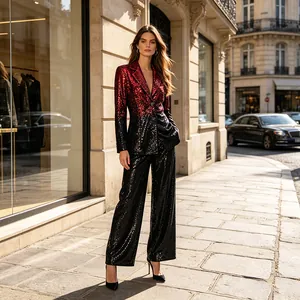 Elegante conjunto de chaqueta y pantalón de lentejuelas con degradado rojo y negro