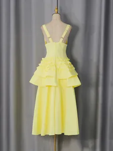 Elegant yellow French vintage tiered ruffle midi cake dress for summer fashion wear