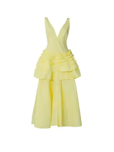 Elegant pale yellow French retro V-neck tiered ruffle midi dress with button-front