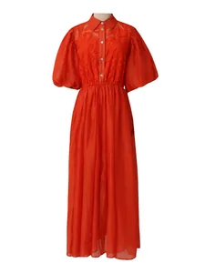 Élégante robe chemise brodée rétro rouge française avec manches bouffantes et taille cintrée