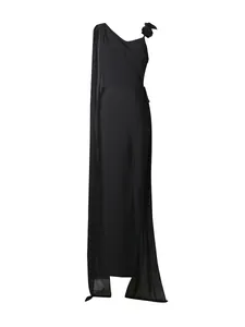 Elegantes schwarzes One-Shoulder-Abendkleid mit Stoffschärpe und hohem Beinschlitz