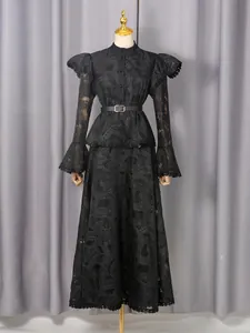 Vintage black embroidered long dress with elegant ruffle sleeves and matching waist belt