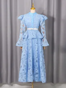 Elegant vintage light blue embroidered lace long dress with ruffles and bell sleeves