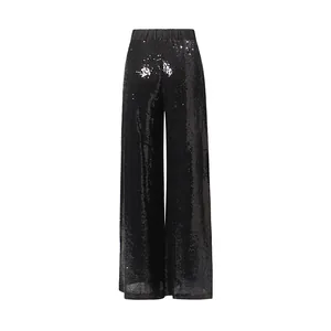 Elegantes pantalones negros de lentejuelas con pernera ancha para eventos de noche