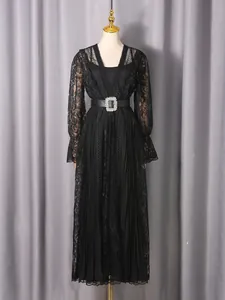 Elegant vintage black lace maxi dress with V-neck hollow-out details and rhinestone belt