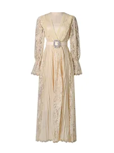 Elegant vintage court style hollow lace long dress with pleated details and rhinestone belt