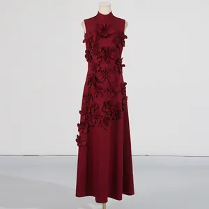 Elegant wine red sleeveless long dress featuring detailed 3D floral applique patchwork