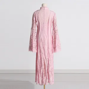 Detailed back view of an elegant French pink lace long dress with intricate embroidery
