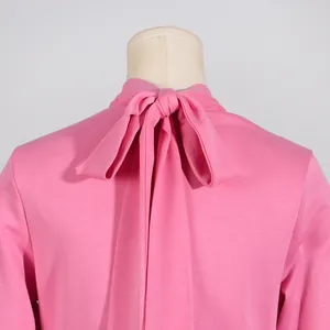 Detail view of the elegant pink bow tie collar on this long sleeve A-line dress