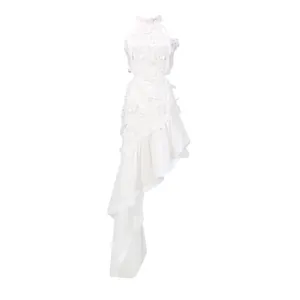 Elegant white resort dress with 3D floral lace and asymmetrical ruffled hemline.
