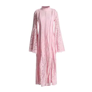 Elegant French style pink lace maxi dress with flared bell sleeves and high ruffled neckline