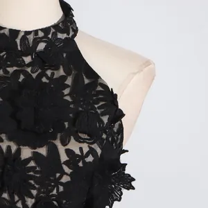 Close-up of intricate black floral lace detail on a stylish standing collar dress.