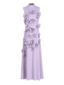 Lavender maxi dress with high neck and 3D floral appliqués for summer vacation.