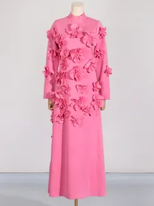 Pink maxi dress with 3D floral appliqués, stand collar, and long sleeves for women