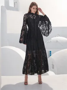 Elegant black lace maxi dress with flared sleeves and French style embroidery design