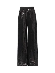 Elegantes pantalones de pierna ancha con lentejuelas negras y cintura alta mujer