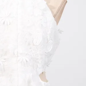 Detailed close-up showing the intricate white floral lace texture on a sleeveless holiday dress.