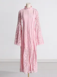 French style elegant pink lace long dress with flare sleeves and ruffle neck collar