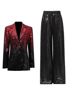 Traje brillante de dos piezas para mujer con blazer de lentejuelas degradadas y pantalón