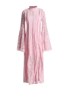 Elegant French style pink lace maxi dress with intricate embroidery and flared sleeves