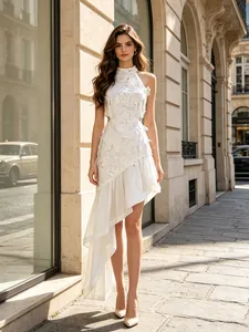 Women Fashion Resort Style Dress Summer High-end Stand Collar Sleeveless Cut-out Irregular Embroidery Maxi Dress
